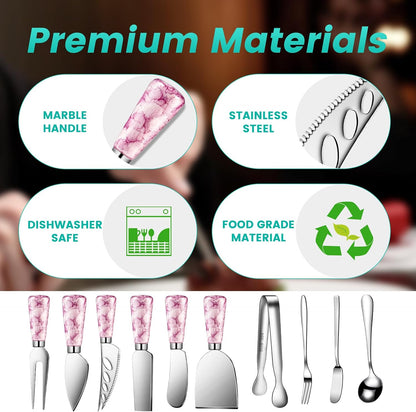 Marble Pink Cheese Knife Set, Ceramic Handle Charcuterie Board Accessories Butter Spreader Knife Slicer With Serving Tongs, Spoons, Forks, Flags, Wooden Honey Dipper