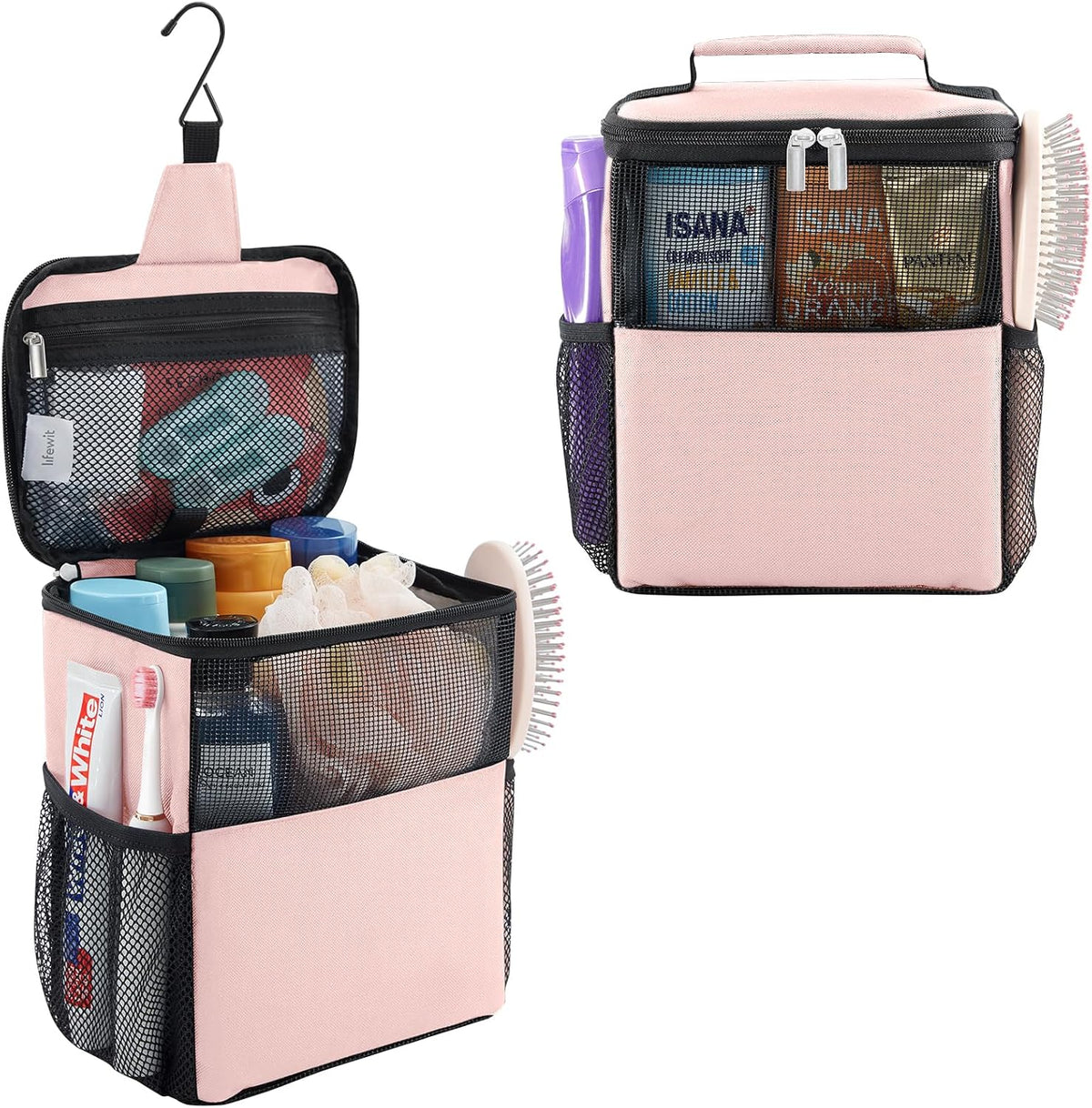 Mesh Shower Caddy Bag Portable for College Dorm Room Essentials, Hanging Organizer Basket, Quick Dry Tote Bag for Camping, Bathroom, Beach, Travel, Medium, Pink