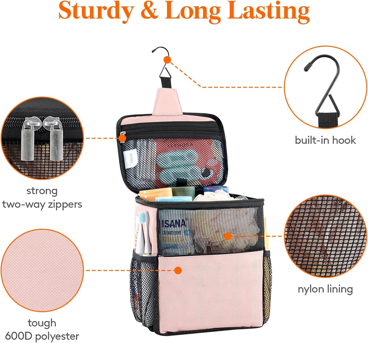 Mesh Shower Caddy Bag Portable for College Dorm Room Essentials, Hanging Organizer Basket, Quick Dry Tote Bag for Camping, Bathroom, Beach, Travel, Medium, Pink