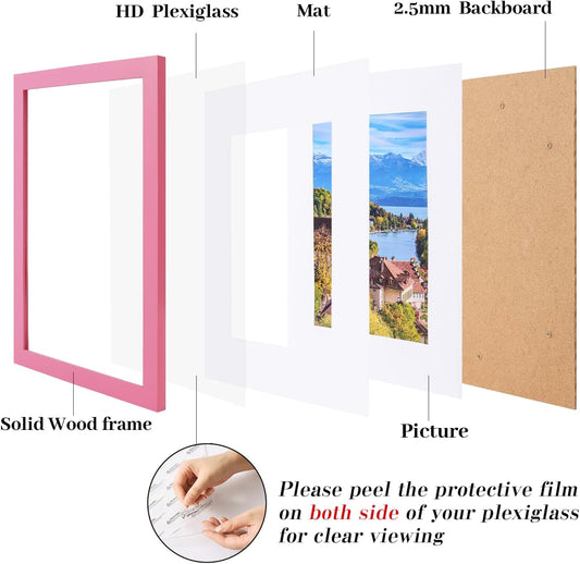 8x10 Picture Frame Made of Solid Wood Photo Frame with Shatter Resistant Plexiglass, Display Pictures 5x7 with Mat or 8 x 10 Without Mat For Tabletop Display or Wall Mount, Pink 1 Pack