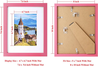 8x10 Picture Frame Made of Solid Wood Photo Frame with Shatter Resistant Plexiglass, Display Pictures 5x7 with Mat or 8 x 10 Without Mat For Tabletop Display or Wall Mount, Pink 1 Pack