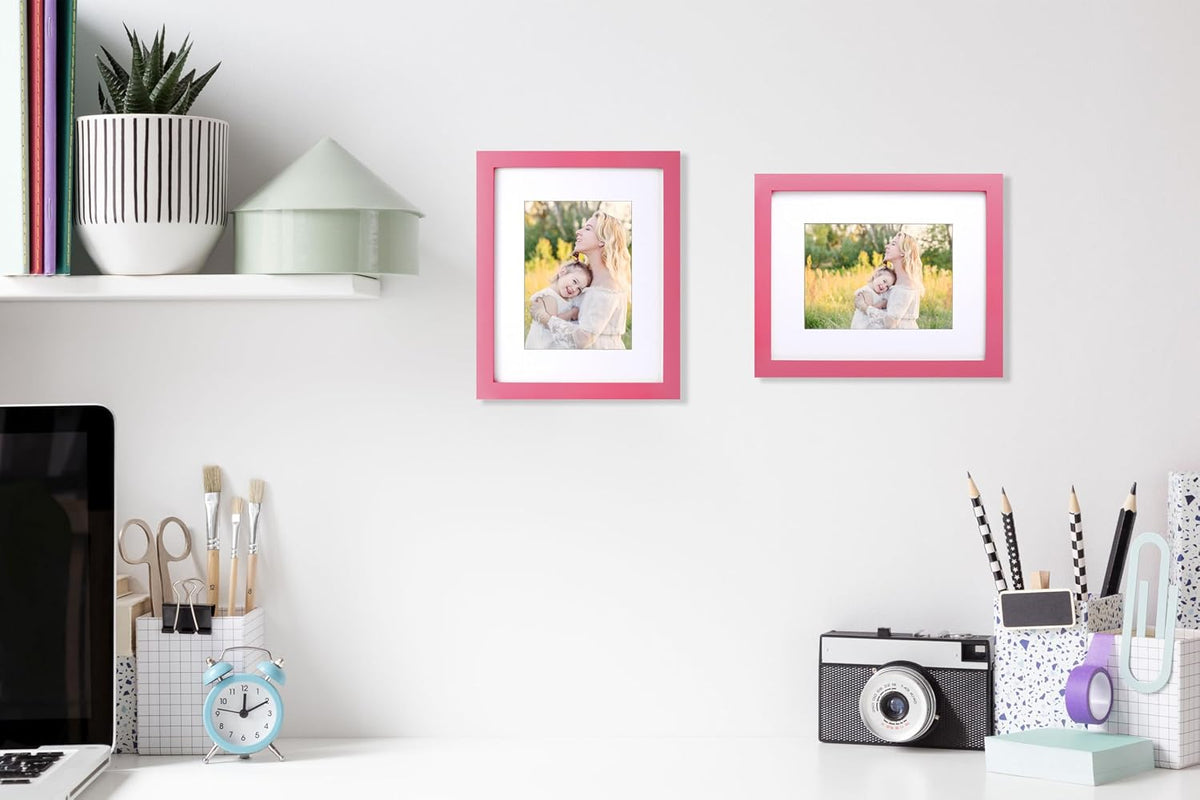8x10 Picture Frame Made of Solid Wood Photo Frame with Shatter Resistant Plexiglass, Display Pictures 5x7 with Mat or 8 x 10 Without Mat For Tabletop Display or Wall Mount, Pink 1 Pack