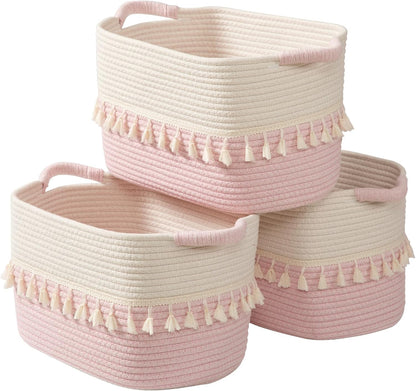 Storage Baskets 3 Packs, Storage Basket for toys,Towel, Storage Bins, Woven Basket for Shelves Bedroom Laundry Nursery, White & Pink