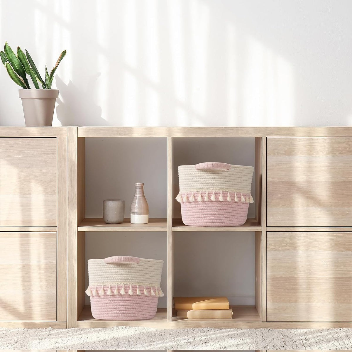Storage Baskets 3 Packs, Storage Basket for toys,Towel, Storage Bins, Woven Basket for Shelves Bedroom Laundry Nursery, White & Pink