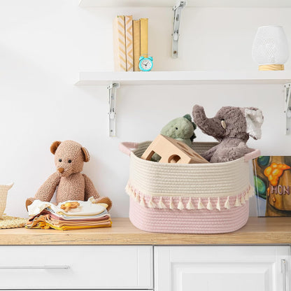 Storage Baskets 3 Packs, Storage Basket for toys,Towel, Storage Bins, Woven Basket for Shelves Bedroom Laundry Nursery, White & Pink