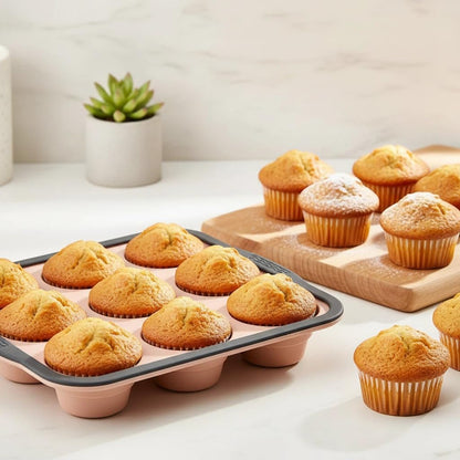 Silicone Muffin Pans for Baking with Metal Frame, 12 Cup Silicone Muffin Pan, Nonstick Cupcake Pan, BPA Free Muffin Tins Easy to Pop Cupcake Baking Pan Molds for Oven Dishwasher Safe Pink