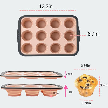 Silicone Muffin Pans for Baking with Metal Frame, 12 Cup Silicone Muffin Pan, Nonstick Cupcake Pan, BPA Free Muffin Tins Easy to Pop Cupcake Baking Pan Molds for Oven Dishwasher Safe Pink
