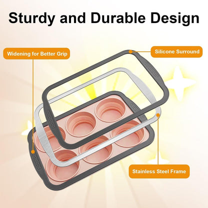 Silicone Muffin Pans for Baking with Metal Frame, 12 Cup Silicone Muffin Pan, Nonstick Cupcake Pan, BPA Free Muffin Tins Easy to Pop Cupcake Baking Pan Molds for Oven Dishwasher Safe Pink