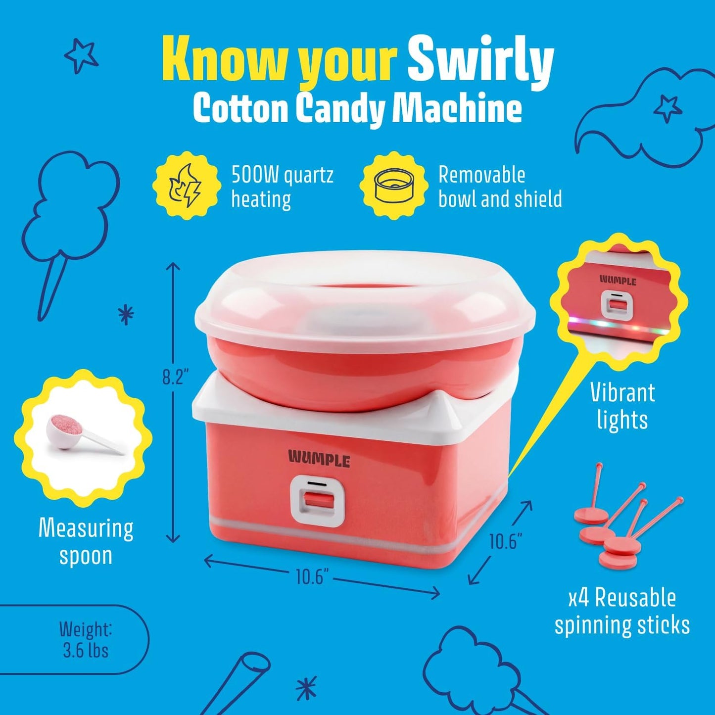 Kids Cotton Candy Machine with LED Lights - Quick Heat-Up Electric Maker with Lidded Bowl for Parties, & Home - Red
