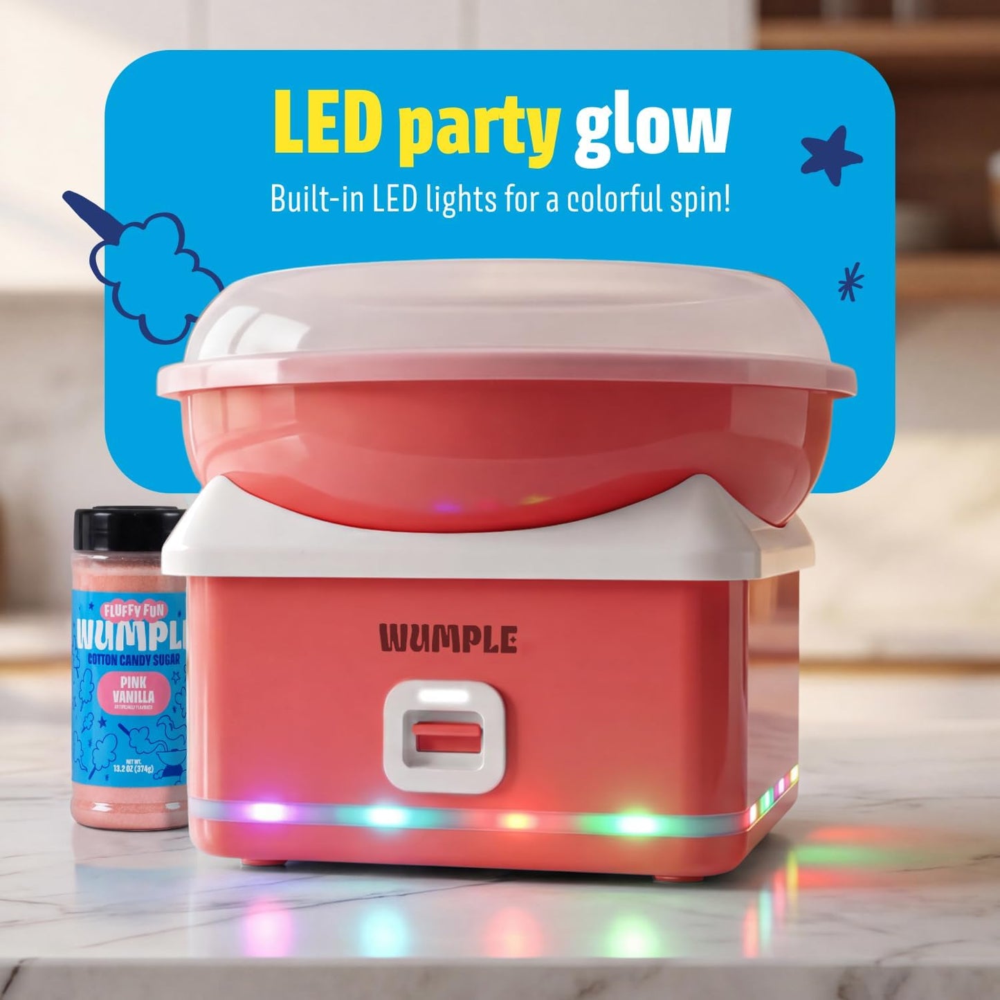Kids Cotton Candy Machine with LED Lights - Quick Heat-Up Electric Maker with Lidded Bowl for Parties, & Home - Red