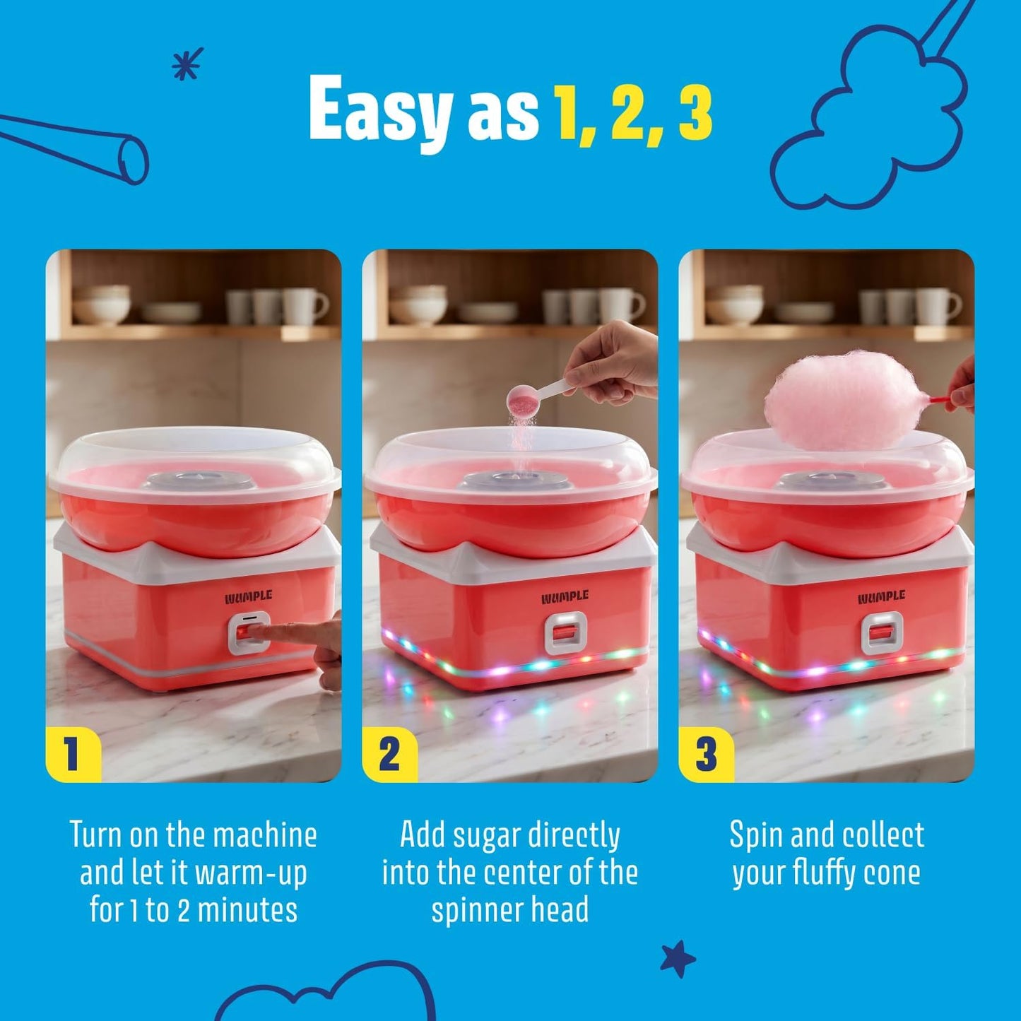 Kids Cotton Candy Machine with LED Lights - Quick Heat-Up Electric Maker with Lidded Bowl for Parties, & Home - Red