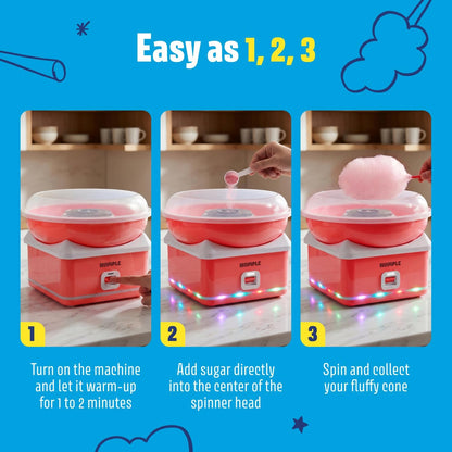 Kids Cotton Candy Machine with LED Lights - Quick Heat-Up Electric Maker with Lidded Bowl for Parties, & Home - Red
