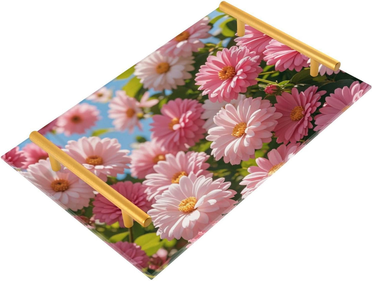 Summer Pink Daisies Decorative Large Tray with Handles Plastic Serving Tray for Jewelry Perfume for Dinner Serving bandejas para desayuno decorativas