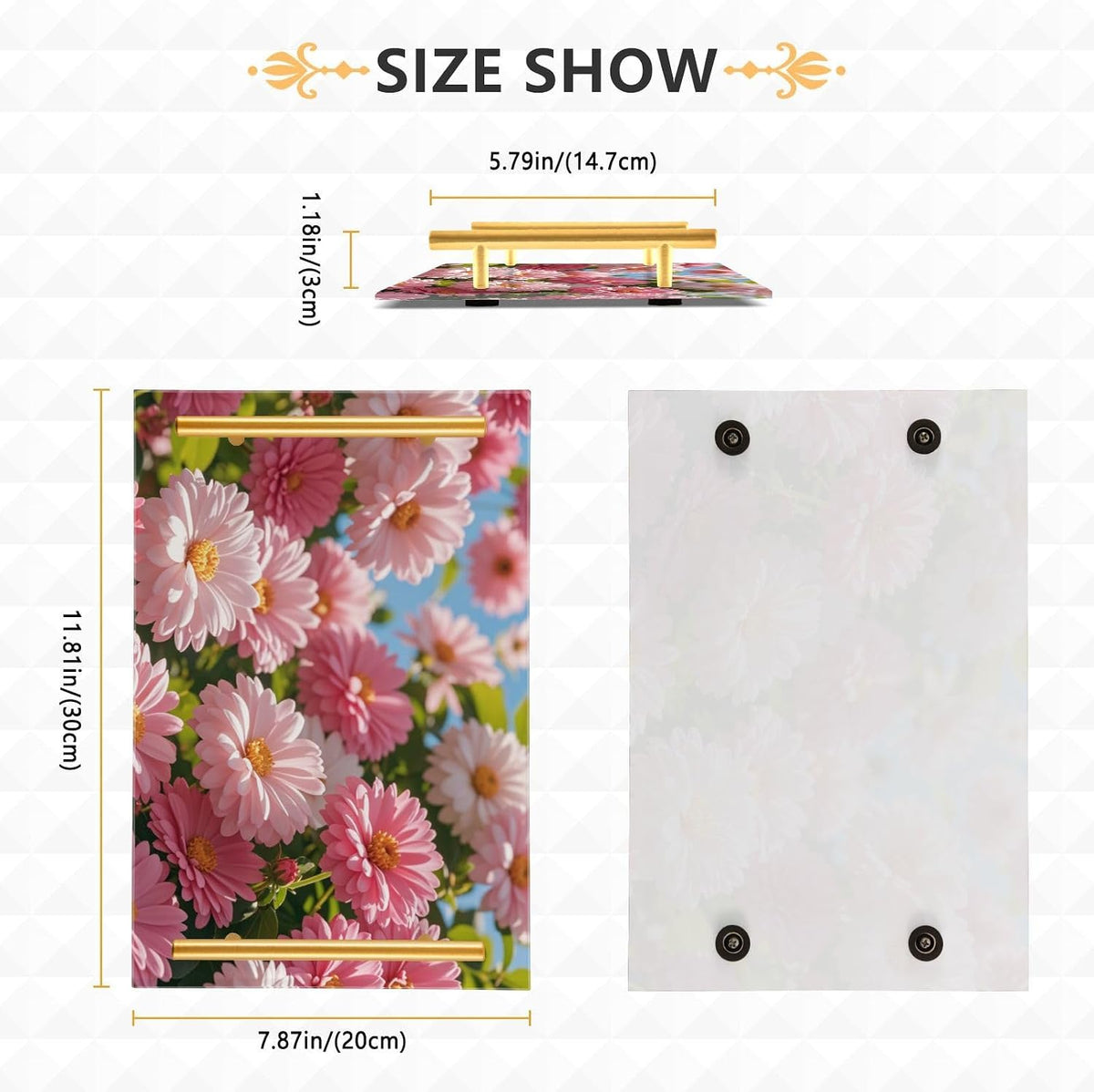 Summer Pink Daisies Decorative Large Tray with Handles Plastic Serving Tray for Jewelry Perfume for Dinner Serving bandejas para desayuno decorativas