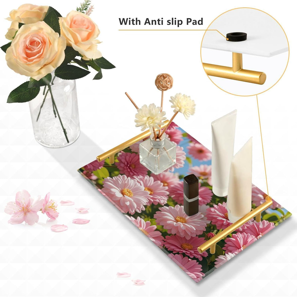 Summer Pink Daisies Decorative Large Tray with Handles Plastic Serving Tray for Jewelry Perfume for Dinner Serving bandejas para desayuno decorativas