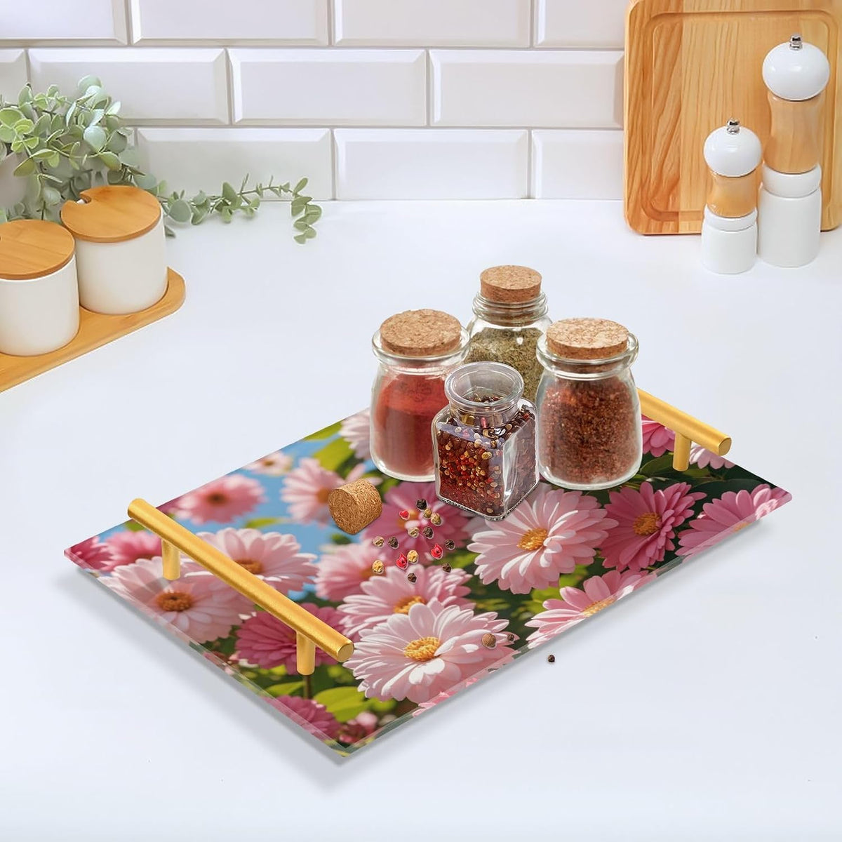Summer Pink Daisies Decorative Large Tray with Handles Plastic Serving Tray for Jewelry Perfume for Dinner Serving bandejas para desayuno decorativas