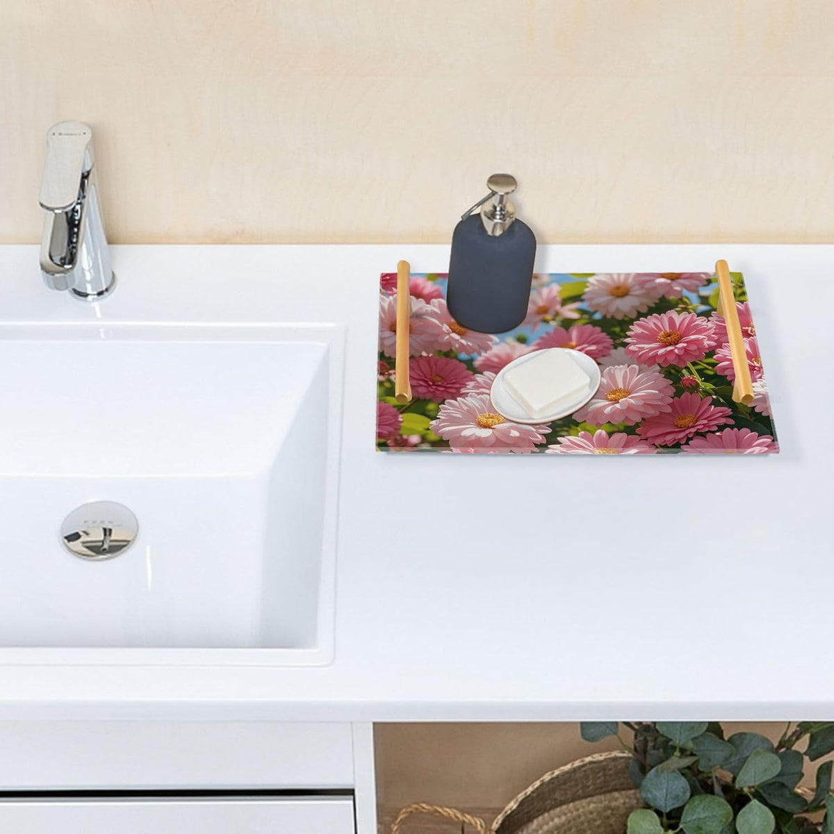 Summer Pink Daisies Decorative Large Tray with Handles Plastic Serving Tray for Jewelry Perfume for Dinner Serving bandejas para desayuno decorativas