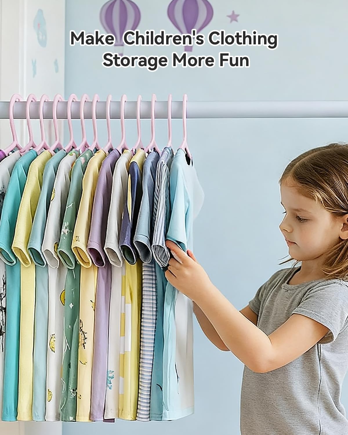 ABHENG Plastic Kids Hangers, Pack of 60, Ultra Slim Closet Hangers, Non-Slip, Space-Saving, Sturdy, 14" W x 7" H (for Children Aged 7-12 Years),Light Pink, UAPY0760P