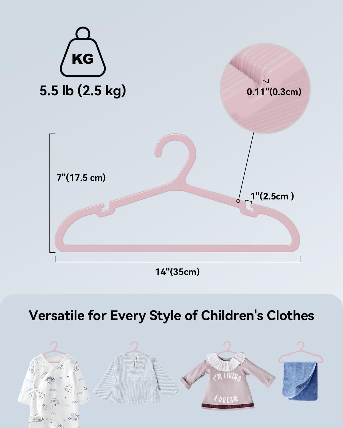 ABHENG Plastic Kids Hangers, Pack of 60, Ultra Slim Closet Hangers, Non-Slip, Space-Saving, Sturdy, 14" W x 7" H (for Children Aged 7-12 Years),Light Pink, UAPY0760P
