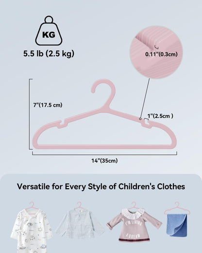 ABHENG Plastic Kids Hangers, Pack of 60, Ultra Slim Closet Hangers, Non-Slip, Space-Saving, Sturdy, 14" W x 7" H (for Children Aged 7-12 Years),Light Pink, UAPY0760P