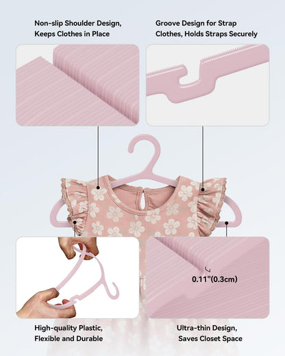 ABHENG Plastic Kids Hangers, Pack of 60, Ultra Slim Closet Hangers, Non-Slip, Space-Saving, Sturdy, 14" W x 7" H (for Children Aged 7-12 Years),Light Pink, UAPY0760P