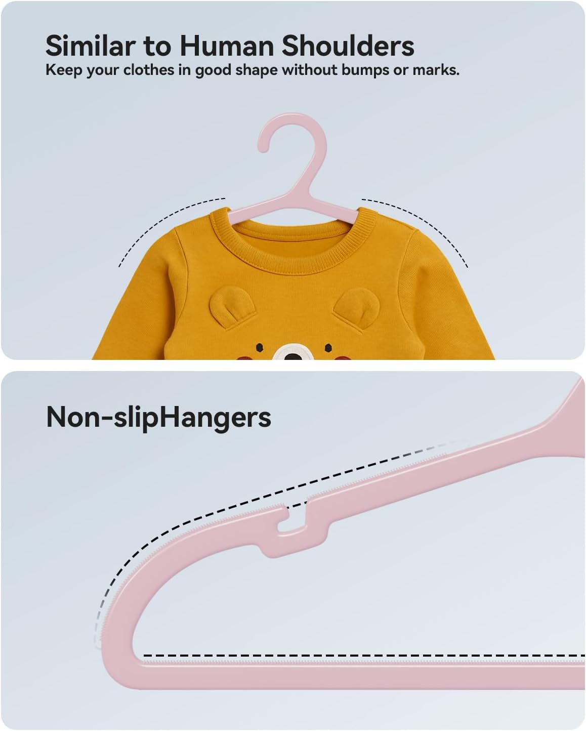 ABHENG Plastic Kids Hangers, Pack of 60, Ultra Slim Closet Hangers, Non-Slip, Space-Saving, Sturdy, 14" W x 7" H (for Children Aged 7-12 Years),Light Pink, UAPY0760P