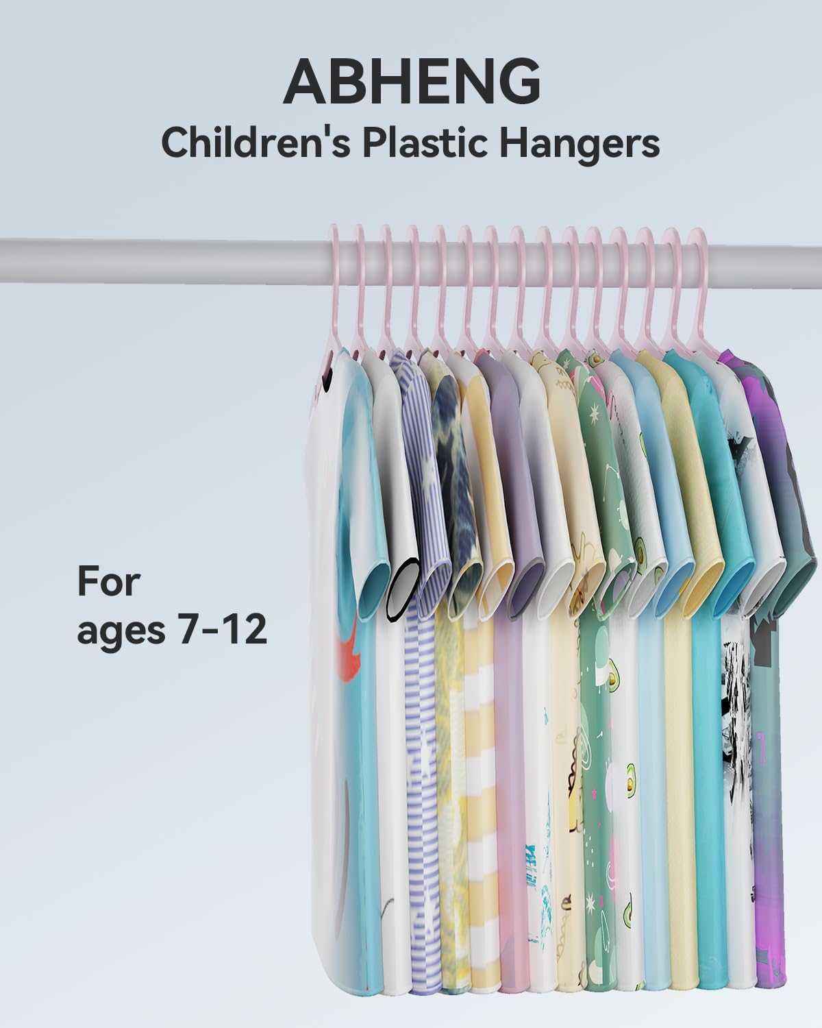 ABHENG Plastic Kids Hangers, Pack of 60, Ultra Slim Closet Hangers, Non-Slip, Space-Saving, Sturdy, 14" W x 7" H (for Children Aged 7-12 Years),Light Pink, UAPY0760P