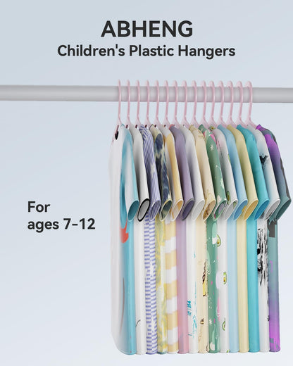 ABHENG Plastic Kids Hangers, Pack of 60, Ultra Slim Closet Hangers, Non-Slip, Space-Saving, Sturdy, 14" W x 7" H (for Children Aged 7-12 Years),Light Pink, UAPY0760P