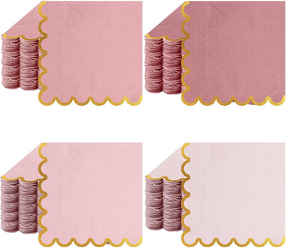 100 Pack Cocktail Napkins Gold Scalloped 5x5'' Party, Pink