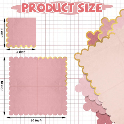 100 Pack Cocktail Napkins Gold Scalloped 5x5'' Party, Pink