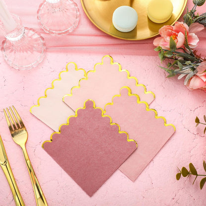 100 Pack Cocktail Napkins Gold Scalloped 5x5'' Party, Pink