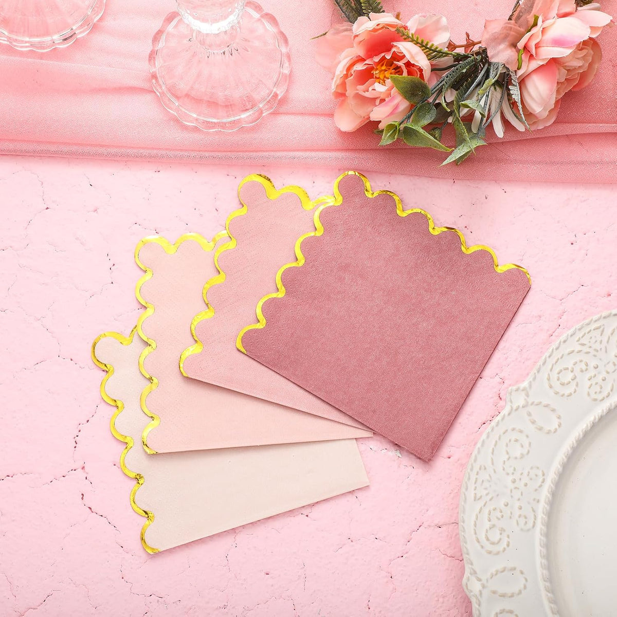 100 Pack Cocktail Napkins Gold Scalloped 5x5'' Party, Pink