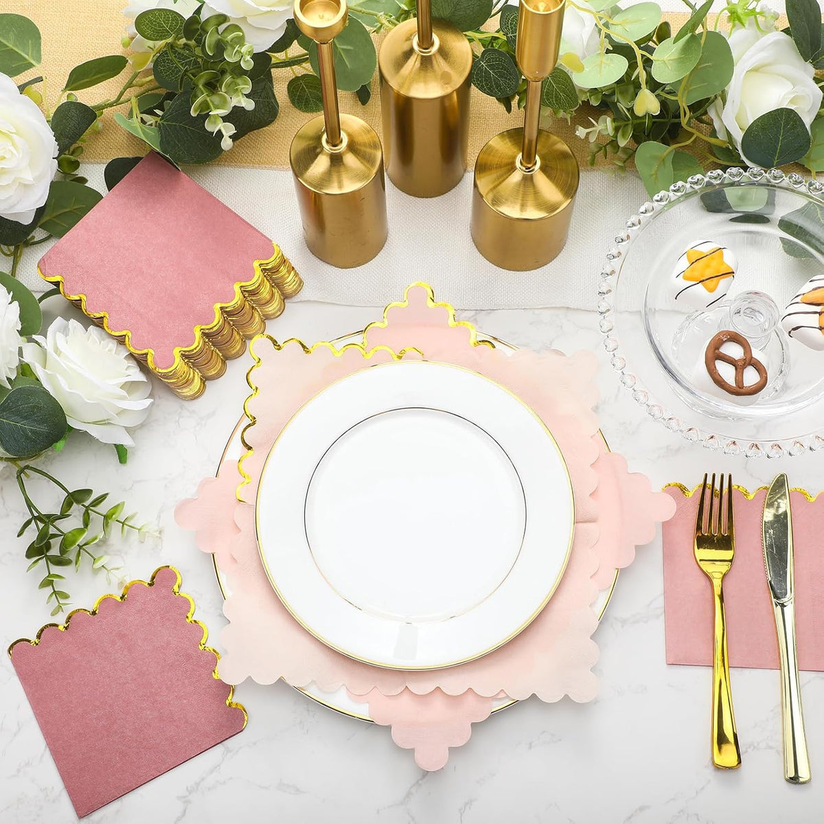 100 Pack Cocktail Napkins Gold Scalloped 5x5'' Party, Pink