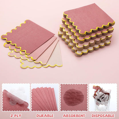 100 Pack Cocktail Napkins Gold Scalloped 5x5'' Party, Pink