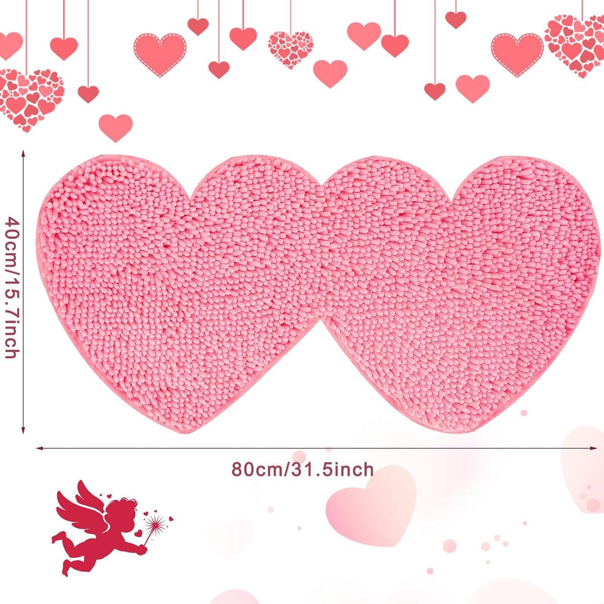 Valentine’s Day Bathroom Rugs Double Heart Shaped Love Decorative Pink Chenille Shower Mat Non Slip Washable Front Door Mat for Home Living Room Bedroom Bathroom Decor, 31.5 x 15.7 Inch