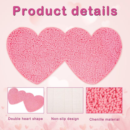 Valentine’s Day Bathroom Rugs Double Heart Shaped Love Decorative Pink Chenille Shower Mat Non Slip Washable Front Door Mat for Home Living Room Bedroom Bathroom Decor, 31.5 x 15.7 Inch
