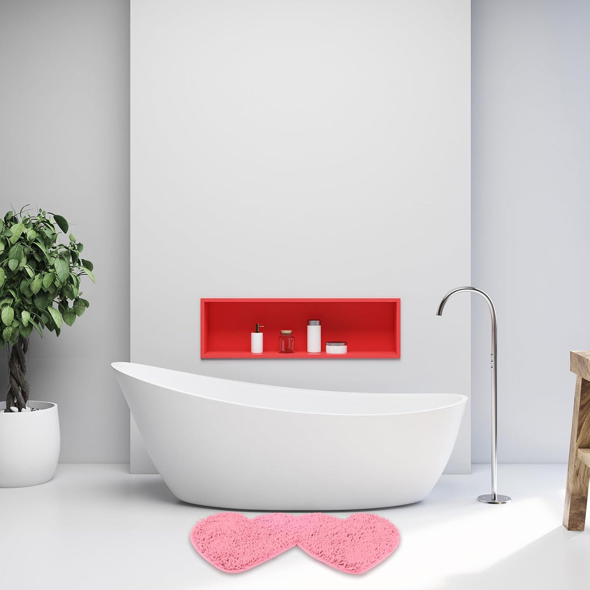 Valentine’s Day Bathroom Rugs Double Heart Shaped Love Decorative Pink Chenille Shower Mat Non Slip Washable Front Door Mat for Home Living Room Bedroom Bathroom Decor, 31.5 x 15.7 Inch