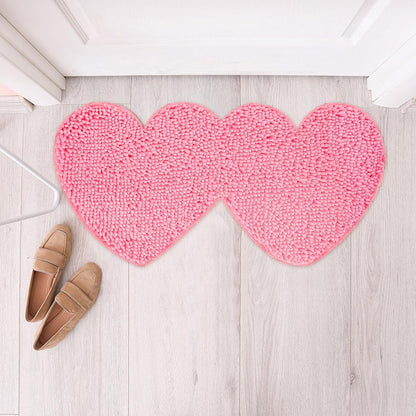 Valentine’s Day Bathroom Rugs Double Heart Shaped Love Decorative Pink Chenille Shower Mat Non Slip Washable Front Door Mat for Home Living Room Bedroom Bathroom Decor, 31.5 x 15.7 Inch
