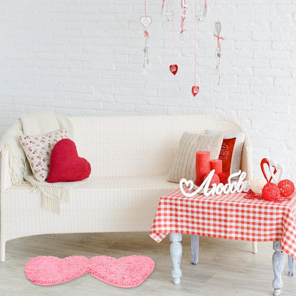 Valentine’s Day Bathroom Rugs Double Heart Shaped Love Decorative Pink Chenille Shower Mat Non Slip Washable Front Door Mat for Home Living Room Bedroom Bathroom Decor, 31.5 x 15.7 Inch