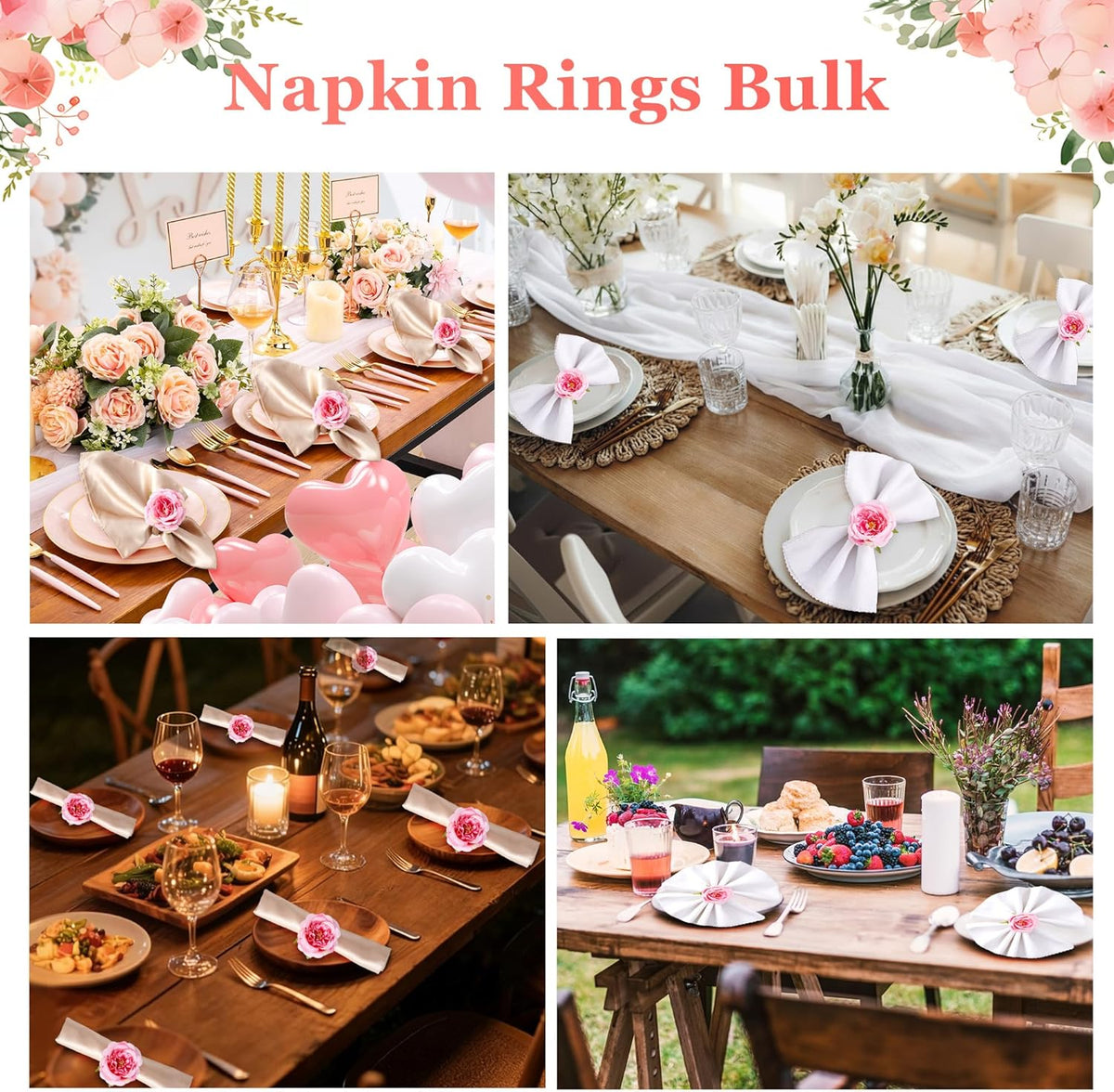 Spring Flower Napkin Rings Set of 12 - Pink Floral Napkin Holder, Easter Napkin Rings for Wedding Birthday Party Banquet Spring Table Decor