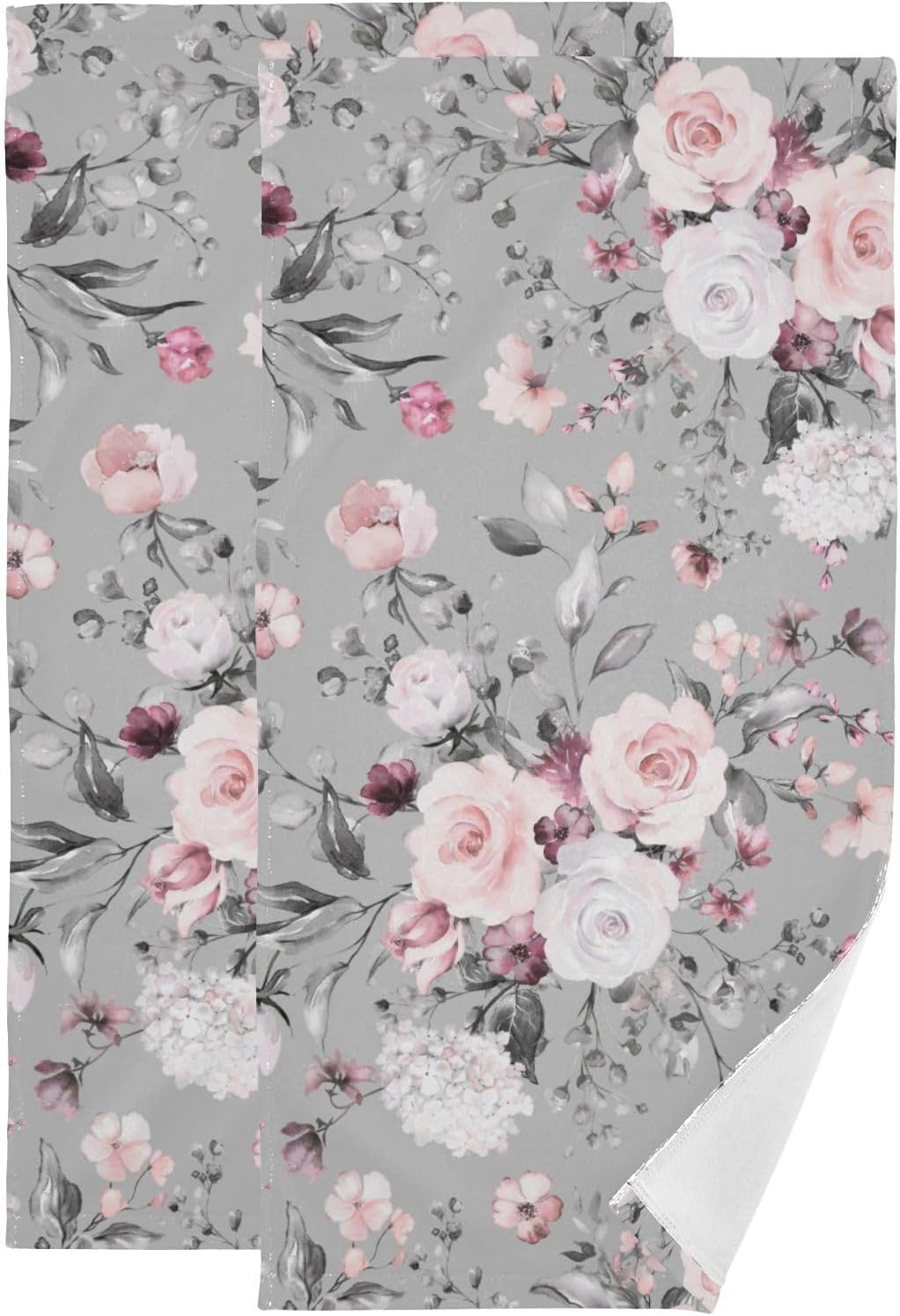 2 Pcs Grey Pink Roses Floral Hand Towels for Bathroom 14"x28",Soft Quick Dry Bouquet Blooming Flower Farmhouse Gray Guest Bath Towels,Decorative Towels for Bathroom Kitchen Dish Face Gym