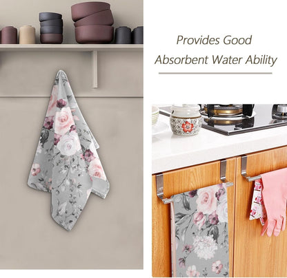2 Pcs Grey Pink Roses Floral Hand Towels for Bathroom 14"x28",Soft Quick Dry Bouquet Blooming Flower Farmhouse Gray Guest Bath Towels,Decorative Towels for Bathroom Kitchen Dish Face Gym