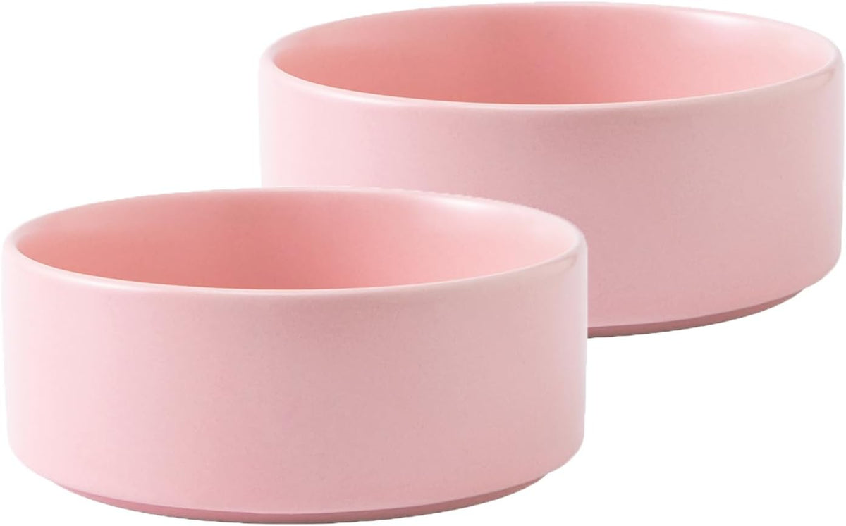 Ceramic Set of 2 Dog and Cat Bowls - Classic Food & Water Bowl for Kitty, Cats and Toy Breed Dogs, Weighted Dog Dishes, Food Grade Pet Bowl, Dishwasher & Microwave Safe (5.1'', 2*16OZ, Pink)