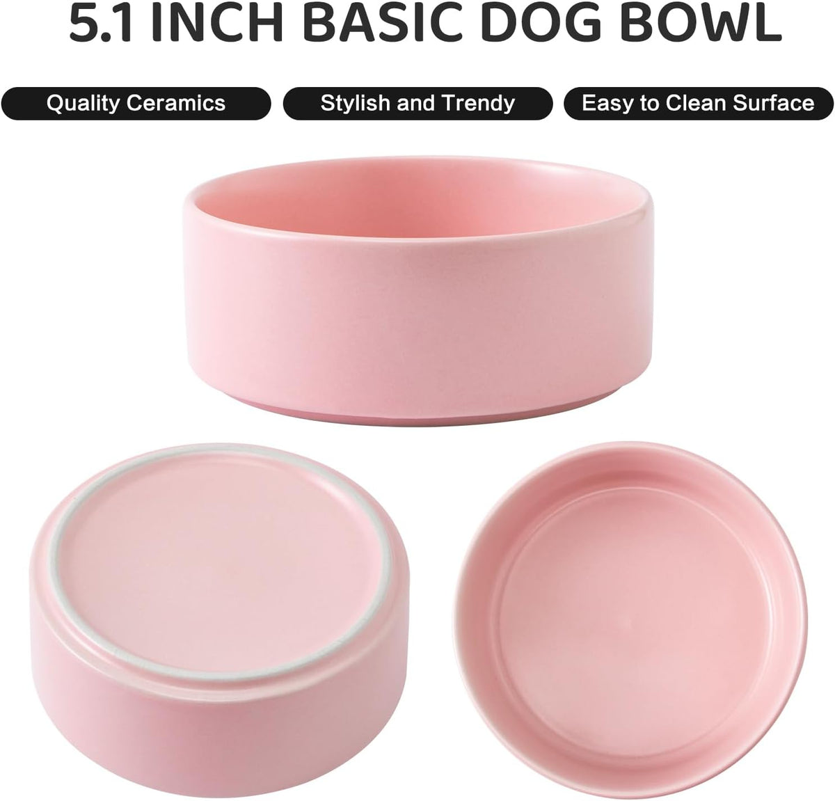 Ceramic Set of 2 Dog and Cat Bowls - Classic Food & Water Bowl for Kitty, Cats and Toy Breed Dogs, Weighted Dog Dishes, Food Grade Pet Bowl, Dishwasher & Microwave Safe (5.1'', 2*16OZ, Pink)