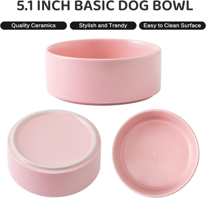 Ceramic Set of 2 Dog and Cat Bowls - Classic Food & Water Bowl for Kitty, Cats and Toy Breed Dogs, Weighted Dog Dishes, Food Grade Pet Bowl, Dishwasher & Microwave Safe (5.1'', 2*16OZ, Pink)