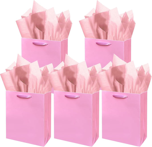 Pink Gift Bags with Tissue Paper for Wedding, Birthday, Party Supplies-7.9"x4.3"x9.6" Medium Size Cardboard Gift Bags（5pcs Bags + Tissue Paper ）