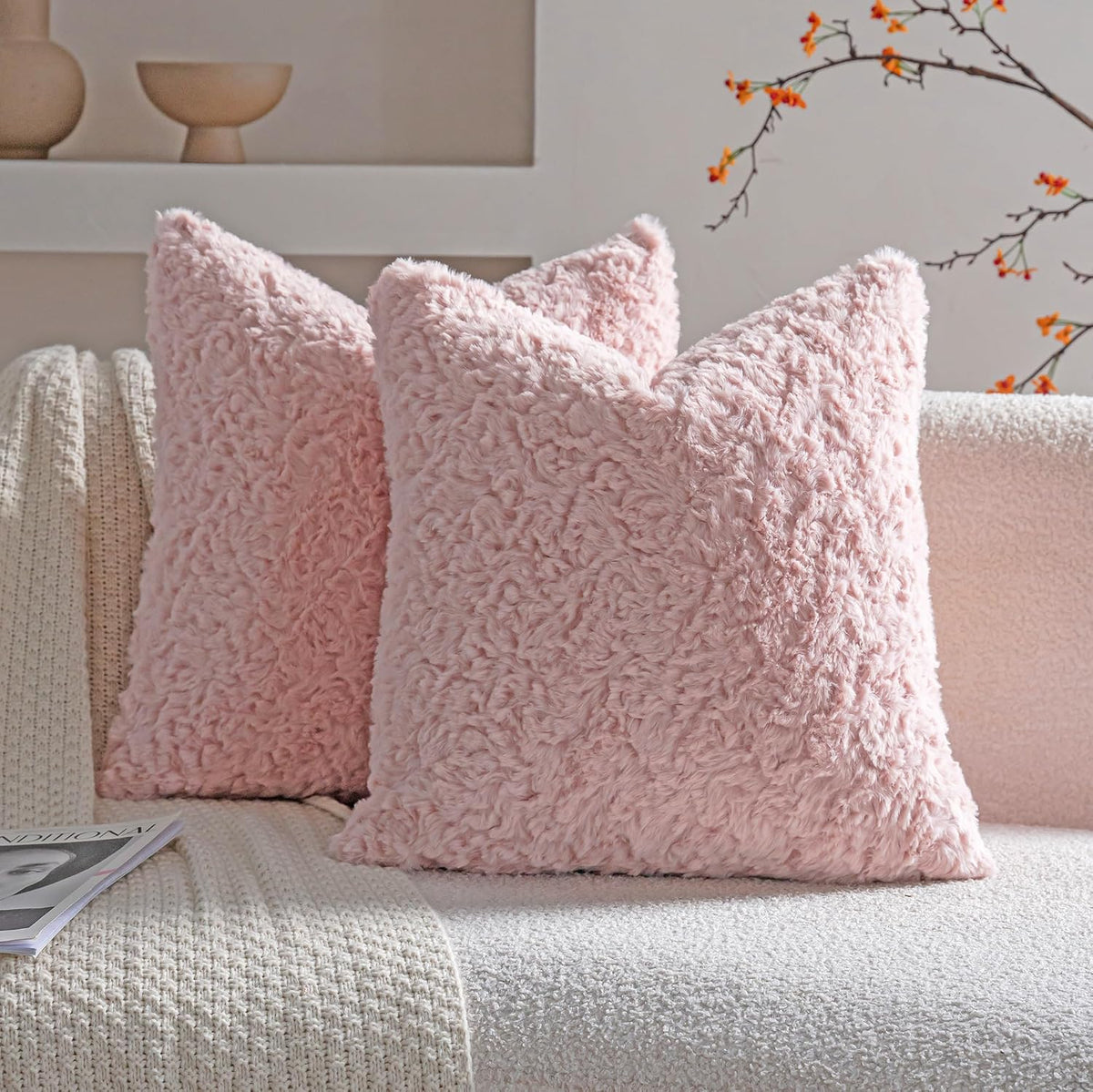 Pink Faux Fur Cozy Soft Solid Fuzzy Decorative Throw Pillow Covers 18x18 inch Set of 2,Velvet Pillowcase Cushion Case for Sofa Couch