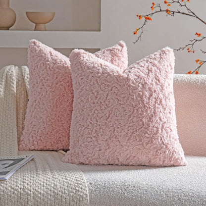 Pink Faux Fur Cozy Soft Solid Fuzzy Decorative Throw Pillow Covers 18x18 inch Set of 2,Velvet Pillowcase Cushion Case for Sofa Couch