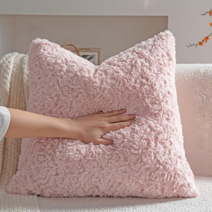 Pink Faux Fur Cozy Soft Solid Fuzzy Decorative Throw Pillow Covers 18x18 inch Set of 2,Velvet Pillowcase Cushion Case for Sofa Couch