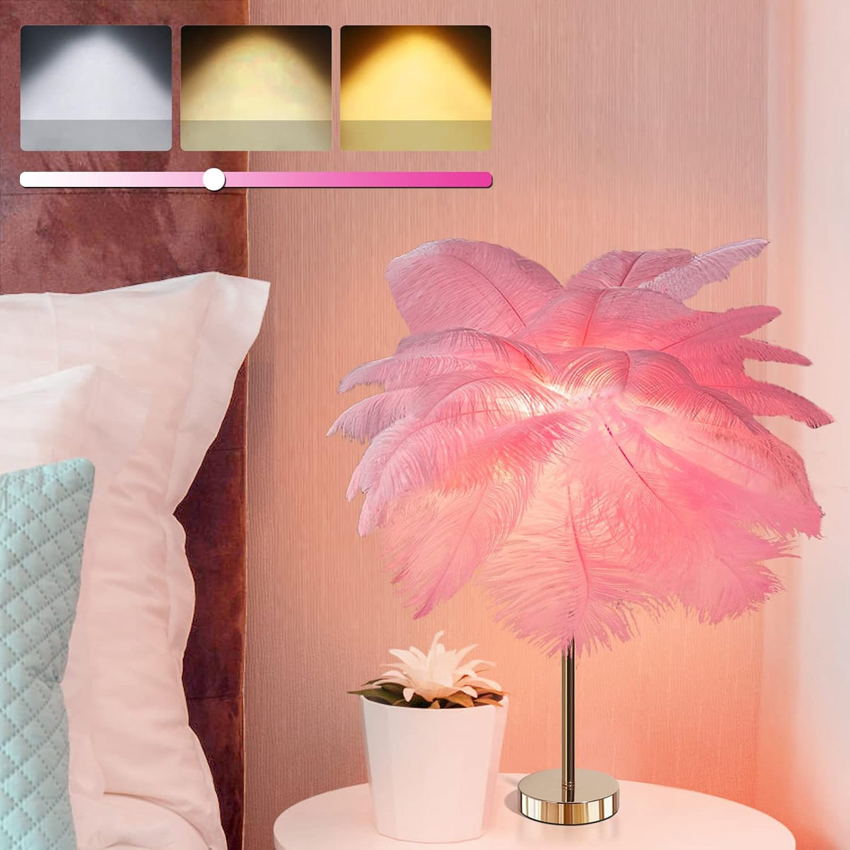 Ostrich Feather Table Lamp with Plug in Wire, Modern Feather Lamp 5-Light Bedside Table Lamp, Golden Lamp Body for Bedroom Nightstand Lamp Desk Night Light (Pink)